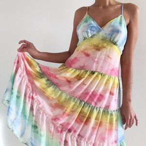 Amanda Uprichard | Rainbow tie dye midi tiered dress | Size S